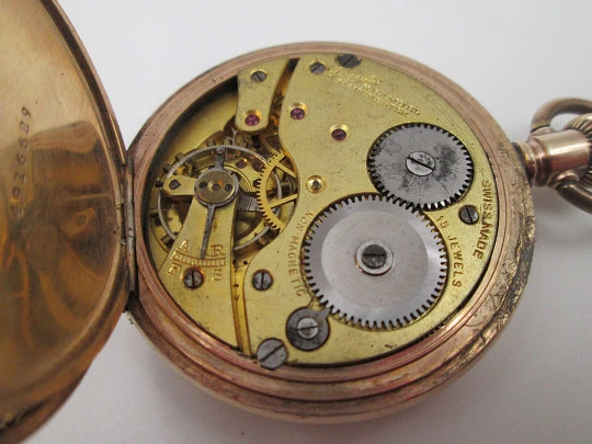 Everite / Keystone hunter-case pocket watch. Gold plated metal. Stem winding. 1910's