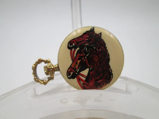 Exactus pendant watch. Gold plated metal. Manual wind. Horses enamel on back. 1960's