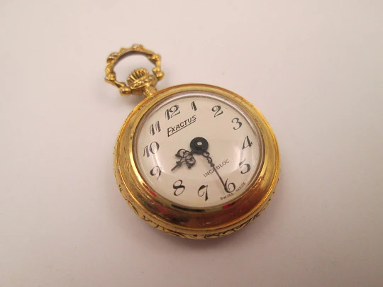 Exactus pendant watch. Gold plated metal. Manual wind. Horses enamel on back. 1960's