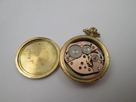 Exactus pendant watch. Gold plated metal. Manual wind. Horses enamel on back. 1960's