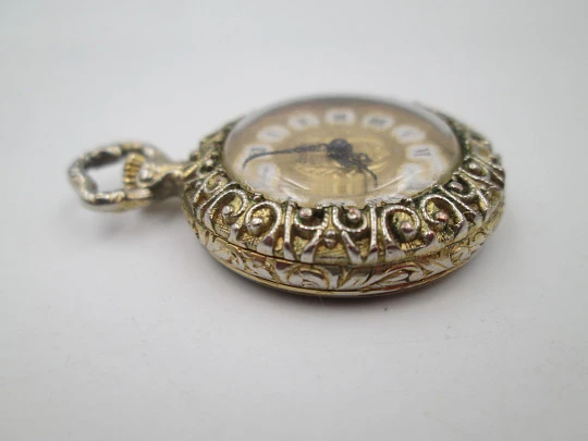 Exactus pendant watch. Gold plated. Manual wind. Romantic scene enamel on back. 1970's Exactus pendant watch. Gold plated. Manual wind. Romantic scene enamel on back. 1970's