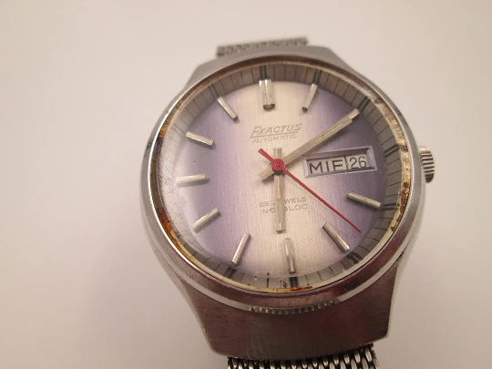 Exactus. Acero inoxidable. Automático. Calendario. Brazalete. Suiza. 1970