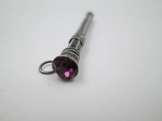 F. Webb Ltd mechanical toothpick. Sterling silver. Violet gem. 1890's. United Kingdom