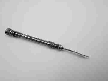 F. Webb Ltd mechanical toothpick. Sterling silver. Violet gem. 1890's. United Kingdom