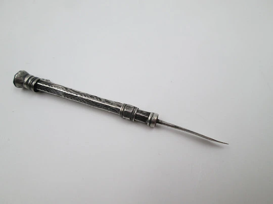 F. Webb Ltd mechanical toothpick. Sterling silver. Violet gem. 1890's. United Kingdom