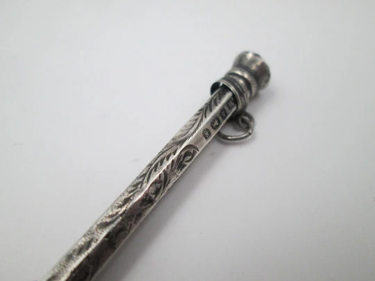 F. Webb Ltd mechanical toothpick. Sterling silver. Violet gem. 1890's. United Kingdom