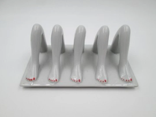 Female legs letter stand / holder. White and red ceramic. 1960's