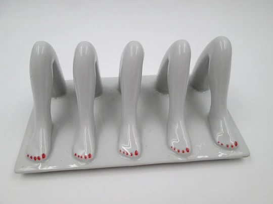 Female legs letter stand / holder. White and red ceramic. 1960's