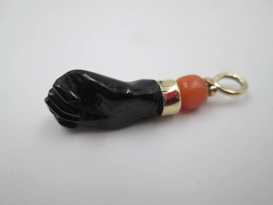 Figa / higa big pendant. Black hand. 18k gold. Coral sphere & jet. Amulet. 1950's