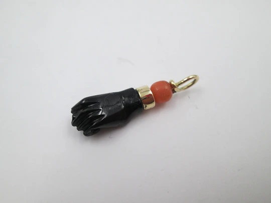 Figa / higa big pendant. Black hand. 18k gold. Coral sphere & jet. Amulet. 1950's