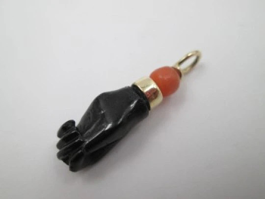 Figa / higa big pendant. Black hand. 18k gold. Coral sphere & jet. Amulet. 1950's