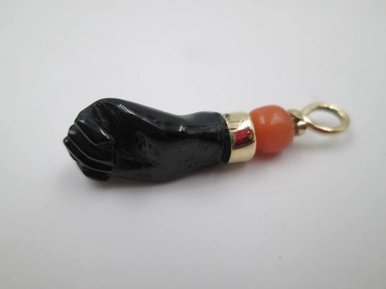 Figa / higa big pendant. Black hand. 18k gold. Coral sphere & yet. Amulet. 1950's