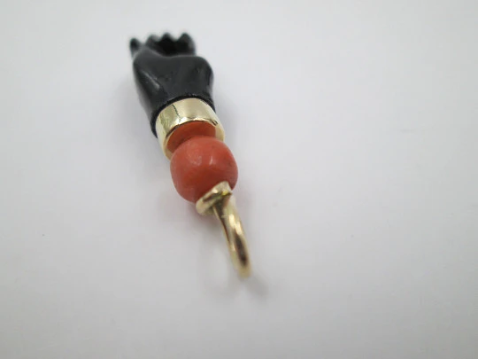 Figa / higa big pendant. Black hand. 18k gold. Coral sphere & yet. Amulet. 1950's