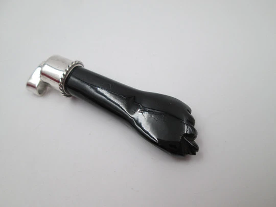 Figa / higa big pendant. Sterling silver and jet. Spanish amulet. 1950's