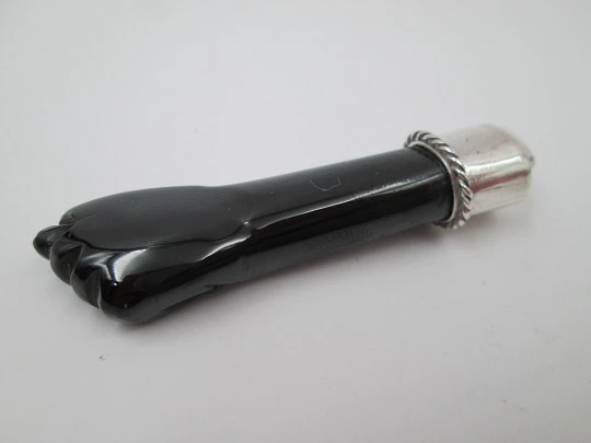 Figa / higa big pendant. Sterling silver and jet. Spanish amulet. 1950's