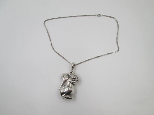 Figurative baby rattle with chain. Sterling silver. Squirrel shape. Pedro Durán. 1990's