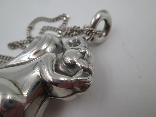 Figurative baby rattle with chain. Sterling silver. Squirrel shape. Pedro Durán. 1990's