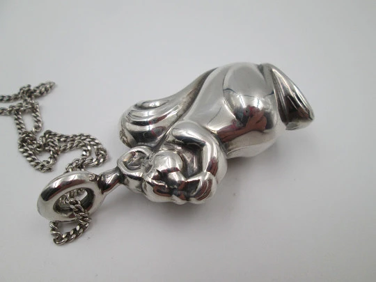 Figurative baby rattle with chain. Sterling silver. Squirrel shape. Pedro Durán. 1990's