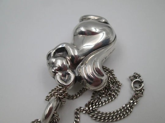 Figurative baby rattle with chain. Sterling silver. Squirrel shape. Pedro Durán. 1990's