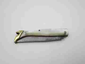 Figurative pocket knife. Nacre, bronze and steel. Woman leg. Spain (Albacete). 1980's
