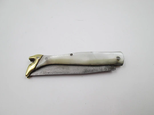 Figurative pocket knife. Nacre, bronze and steel. Woman leg. Spain (Albacete). 1980's