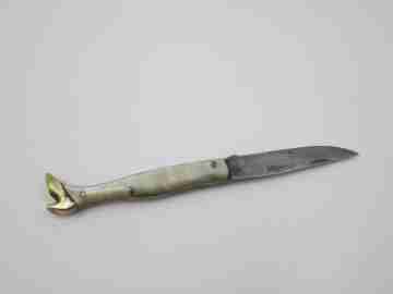 Figurative pocket knife. Nacre, bronze and steel. Woman leg. Spain (Albacete). 1980's