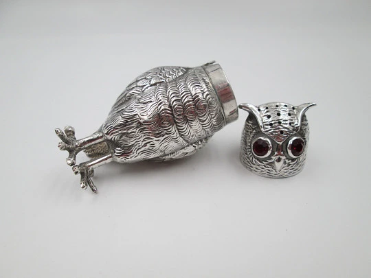 Figurative salt shaker for table service. Sterling silver. Owl shape. 1980's. Europe Figurative salt shaker for table service. Sterling silver. Owl shape. 1980's. Europe