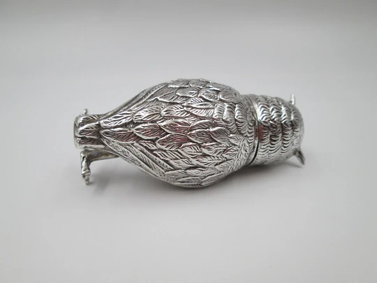 Figurative salt shaker for table service. Sterling silver. Owl shape. 1980's. Europe Figurative salt shaker for table service. Sterling silver. Owl shape. 1980's. Europe