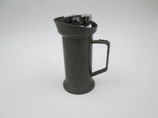 Figurative table gas lighter. Deciliter jug. Pewter and silver plated metal. Europe. 1960's