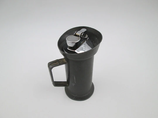 Figurative table gas lighter. Deciliter jug. Pewter and silver plated metal. Europe. 1960's