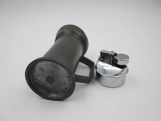 Figurative table gas lighter. Deciliter jug. Pewter and silver plated metal. Europe. 1960's