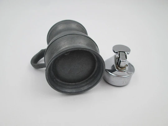 Figurative table gas lighter. Round jug. Pewter and silver plated metal. Europe. 1960's