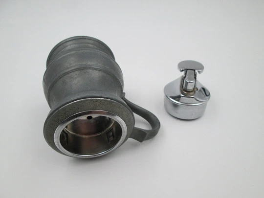 Figurative table gas lighter. Round jug. Pewter and silver plated metal. Europe. 1960's