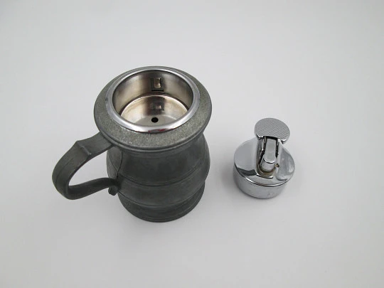 Figurative table gas lighter. Round jug. Pewter and silver plated metal. Europe. 1960's