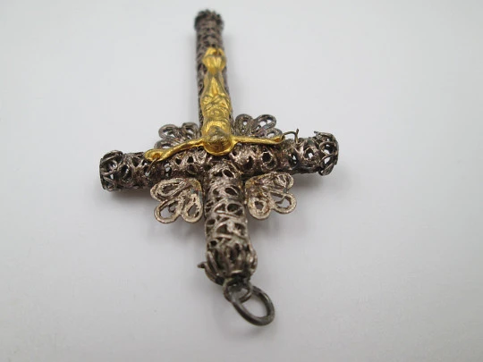 Filigree cross crucifix pendant. Sterling silver and vermeil. Ring on top. 1930's. Spain