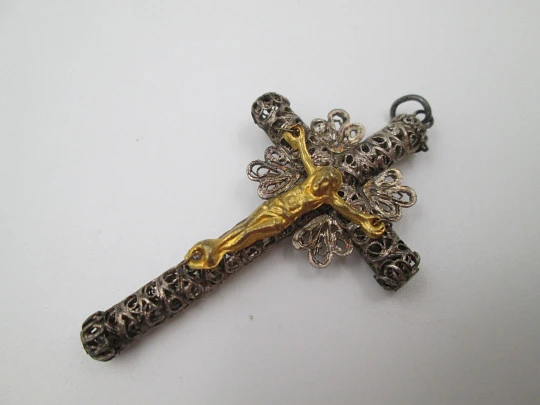 Filigree cross crucifix pendant. Sterling silver and vermeil. Ring on top. 1930's. Spain