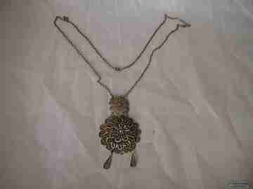 Filigree necklace pendant. Rosettes & tears. Sterling silver. 1910's. Chain
