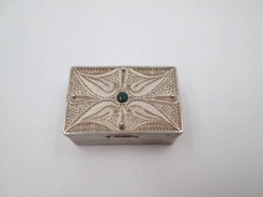 Filigree pillbox. Sterling silver. Butterfly openwork front & malachite. 1980's