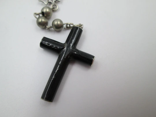 Filigree rosary. Sterling silver. Mary anagram and black enamel cross. Spain. 1940's