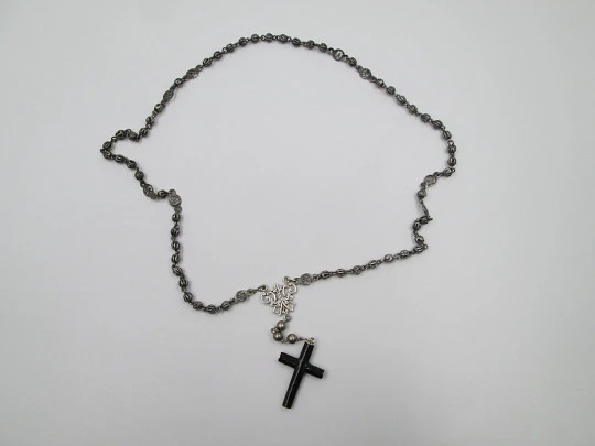 Filigree rosary. Sterling silver. Mary anagram and black enamel cross. Spain. 1940's