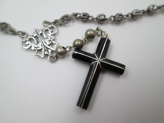 Filigree rosary. Sterling silver. Mary anagram and black enamel cross. Spain. 1940's