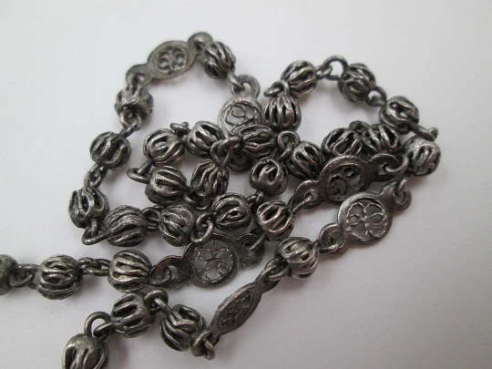 Filigree rosary. Sterling silver. Mary anagram and black enamel cross. Spain. 1940's