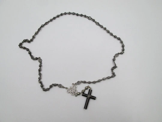 Filigree rosary. Sterling silver. Mary anagram and black enamel cross. Spain. 1940's