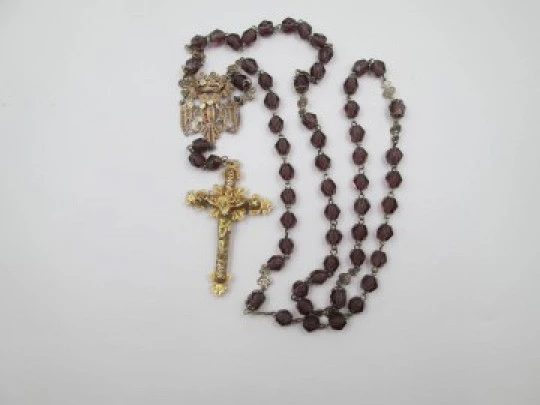 Filigree rosary. Vermeil, silver and amethysts. Crucifix and Mary anagram