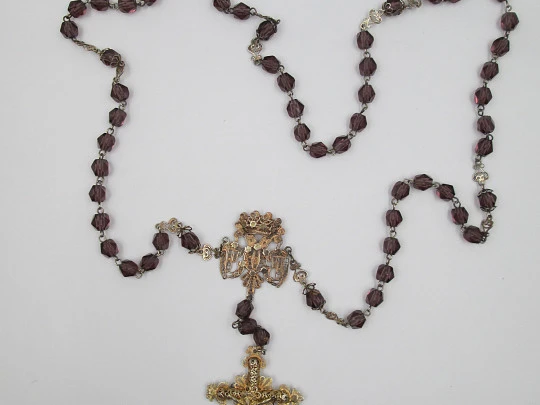 Filigree rosary. Vermeil, silver and amethysts. Crucifix and Mary anagram