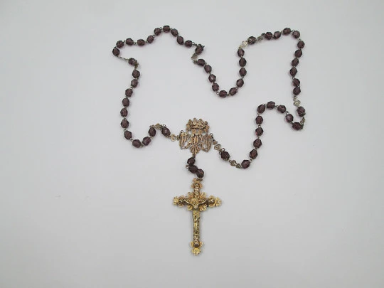 Filigree rosary. Vermeil, silver and amethysts. Crucifix and Mary anagram