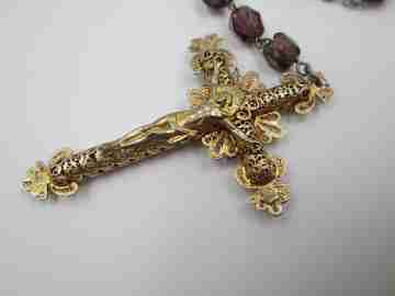 Filigree rosary. Vermeil, silver and amethysts. Crucifix and Mary anagram