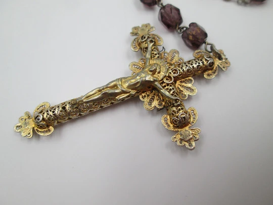 Filigree rosary. Vermeil, silver and amethysts. Crucifix and Mary anagram