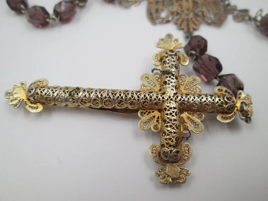 Filigree rosary. Vermeil, silver and amethysts. Crucifix and Mary anagram