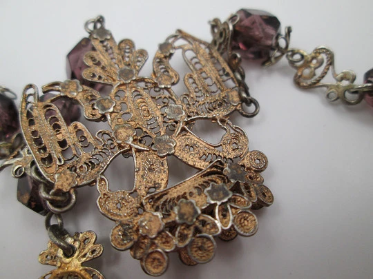 Filigree rosary. Vermeil, silver and amethysts. Crucifix and Mary anagram